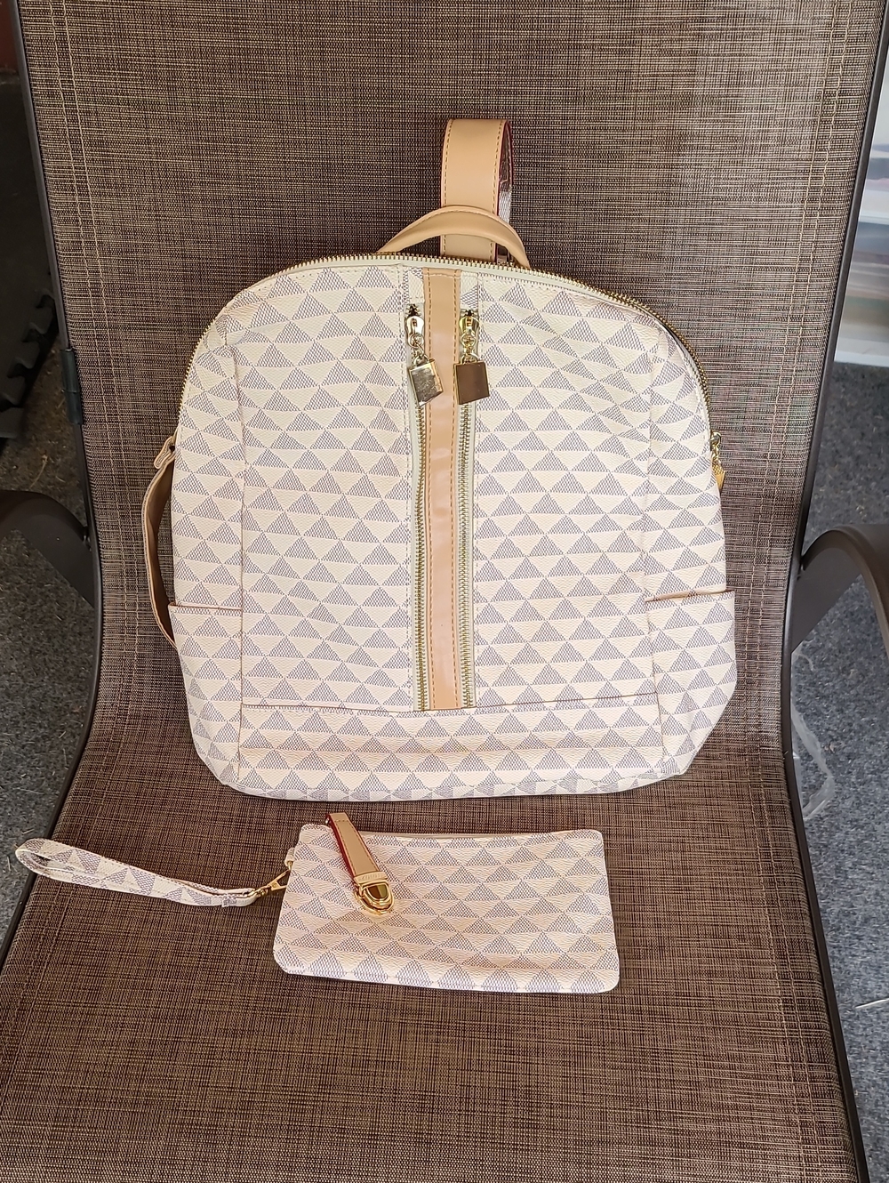 Neutral Geometric Print Backpack with Wristlet